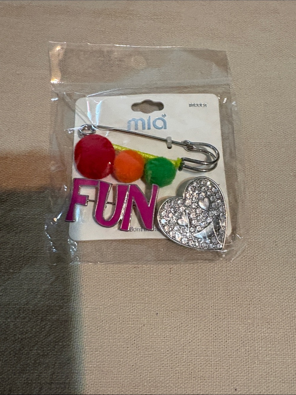 MIA Bright Pink FUN Enamel Pin with Red, Orange, Green Poms & Sparkle Heart